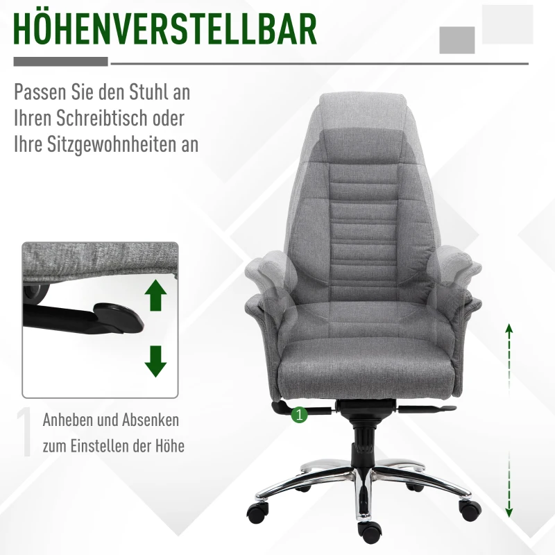 Vinsetto Kantoorstoel ergonomische draaistoel PC stoel in hoogte verstelbaar kunstlinnen lichtgrijs