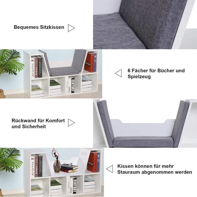 HOMCOM® boekenkast met zitkussens | staande kast | hout, linnen | 102 x 30 x 61 cm | Wit, grijs | Aosom.de