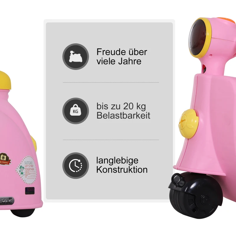 Kinderkoffer motorfiets kinderbagage handbagage met riem om te zitten wielen roze