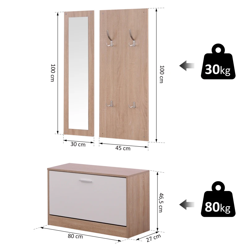 HOMCOM 3-delige garderobeset, schoenenkast, wandspiegel, garderobe, hal 2 kleuren