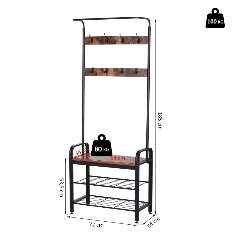 HOMCOM Kapstok met 8 haken schoenenbank kledingstandaard 2 aflegvlakken MDF zwart