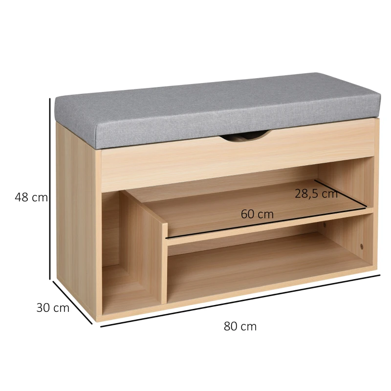 HOMCOM schoenenbank, zitbank, zitkist, 2-in-1 design met schoenenrek, verborgen vak, linnen, naturel + grijs, 80 × 30 × 48 cm verborgen vak | Aosom.de