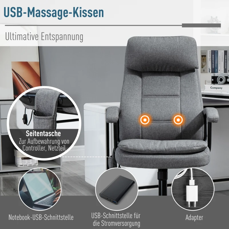 Vinsetto Massage kantoorstoel, draaistoel, gamestoel, in hoogte verstelbaar, linnengevoel grijs