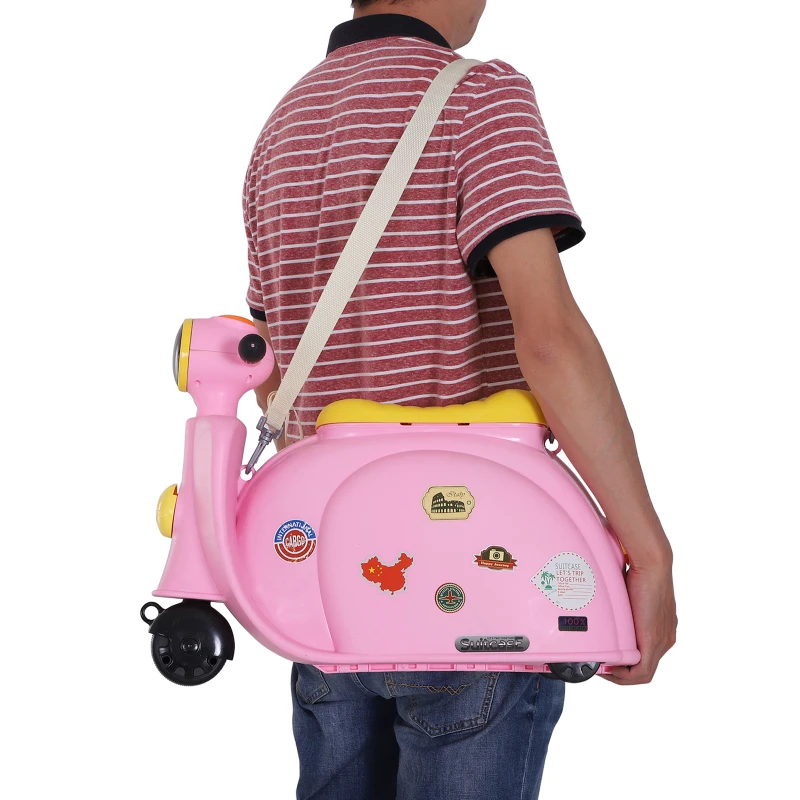 Kinderkoffer motorfiets kinderbagage handbagage met riem om te zitten wielen roze
