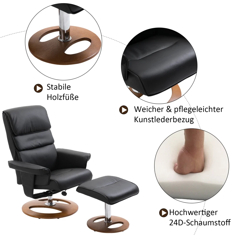 HOMCOM® relaxstoel met kruk tv-stoel gepolsterde stoel 360° draaibaar 120° kantelbaar PU-bekleding houten voet zwart 81 x 76 x 103 cm | Aosom.de