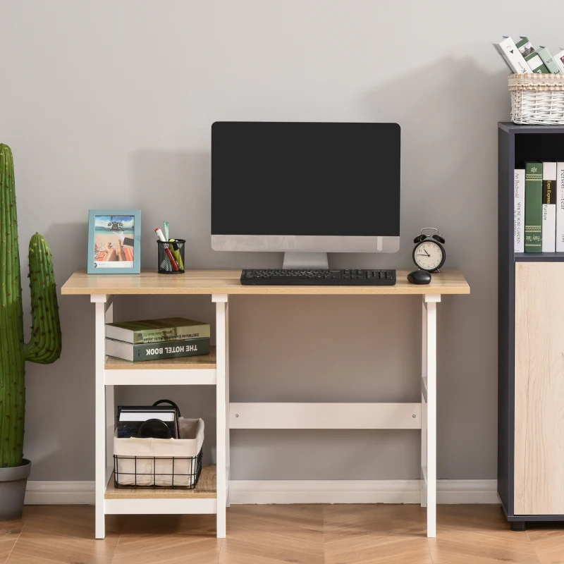 HOMCOM Schreibtisch mit Bücherregal, Computertisch, Bürotisch, Spanplatte, Natur+Weiß, 119,5 x 51 x 74 cm