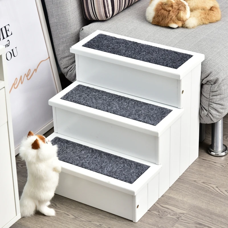 PawHut Huisdierentrap met tapijt hondentrap opstaphulpmiddel opbergruimte grenenhout wit