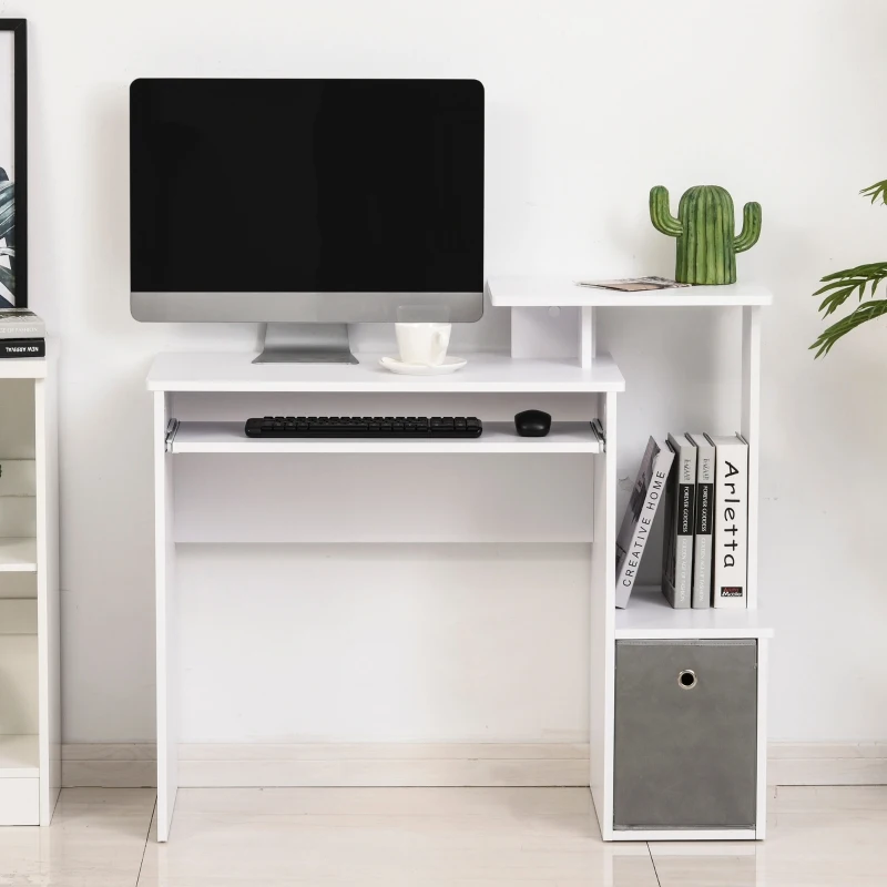 HOMCOM Computertisch, Schreibtisch, Bürotisch, Gamingtisch, PC-Tisch mit Tastaturablage, Schublade, E1 Spanplatte, Weiß, 100 x 40 x 86,6 cm