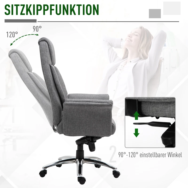 Vinsetto Kantoorstoel ergonomische draaistoel PC stoel in hoogte verstelbaar kunstlinnen lichtgrijs