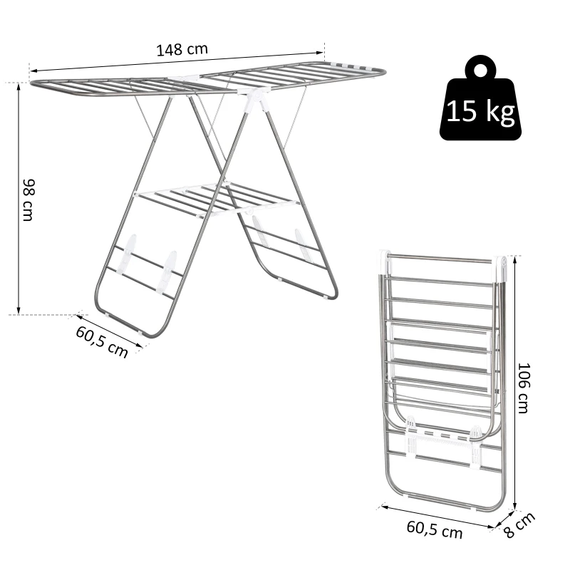 HOMCOM inklapbaar wasrek, roestvrij staal, kunststof, zilver, wit