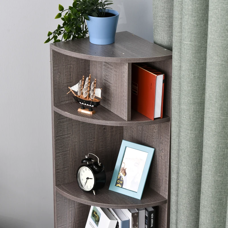 Boekenkast hoek meerdere niveaus vrijstaande stelling woonkamerrek spaanplaat grijs