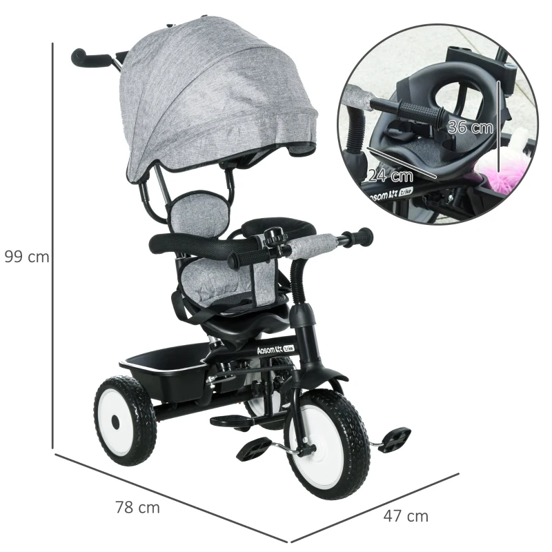 HOMCOM 2-in-1 kinderdriewieler duwstang voor kinderdriewieler met kap Trike grijs