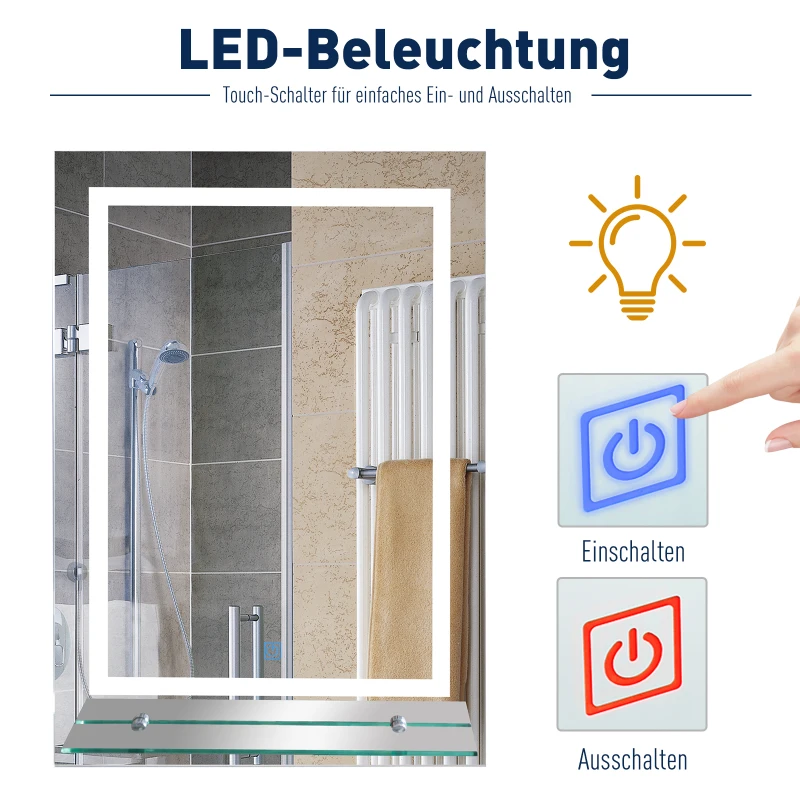 Kleankin LED badkamerspiegel met verlichting Badkamerspiegel glazen planchet 22 W 70x50 cm