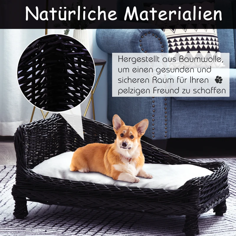 PawHut Kattenbed met kussens verhoogde kattenbank hondenbank huisdier riet zwart