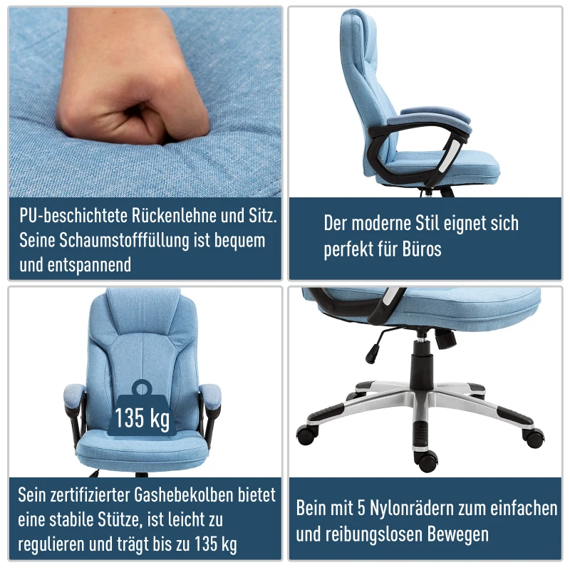 Vinsetto® kantoorstoel computerstoel draaistoel in hoogte verstelbaar kantelfunctie lichtblauw linnen 66 x 75 x 110–120 cm | Aosom.de
