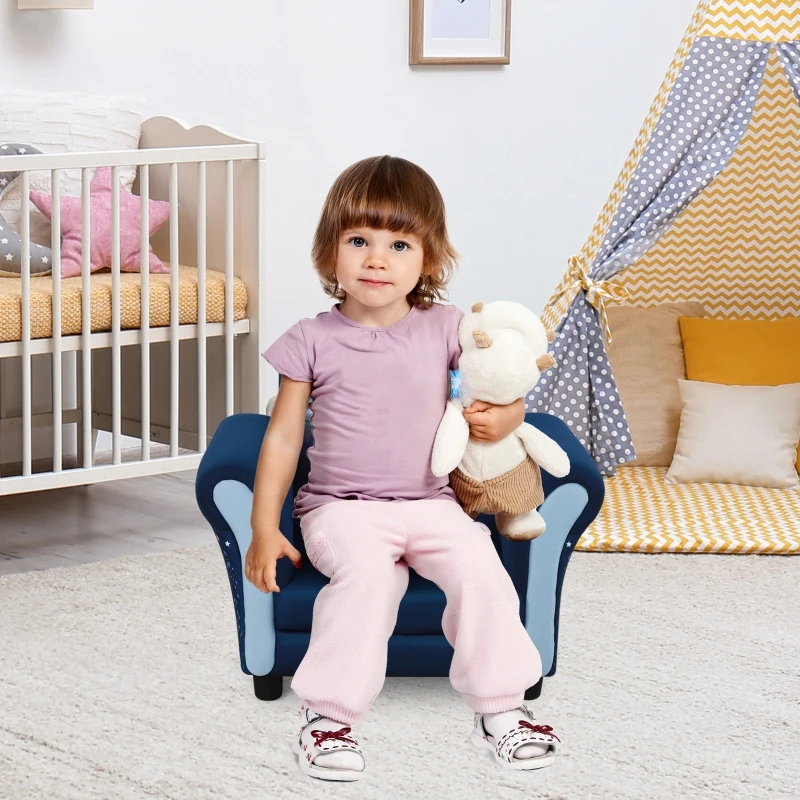 HOMCOM kinderbank mini sofa stoel met houten structuur antislip voeten blauw