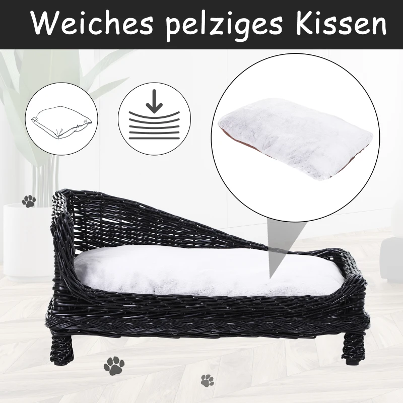 PawHut Kattenbed met kussens verhoogde kattenbank hondenbank huisdier riet zwart
