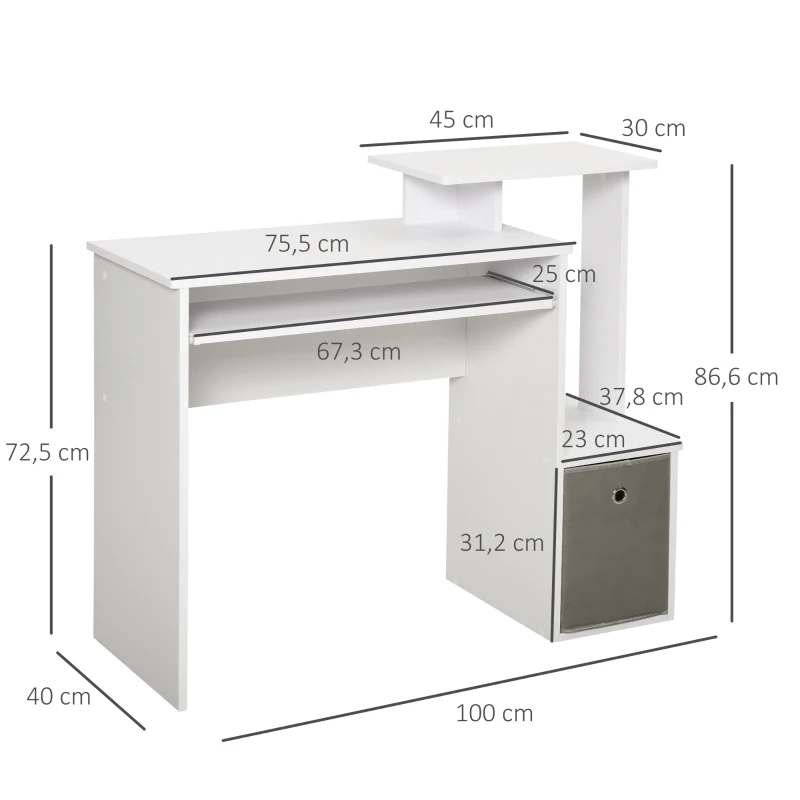 HOMCOM Computertisch, Schreibtisch, Bürotisch, Gamingtisch, PC-Tisch mit Tastaturablage, Schublade, E1 Spanplatte, Weiß, 100 x 40 x 86,6 cm