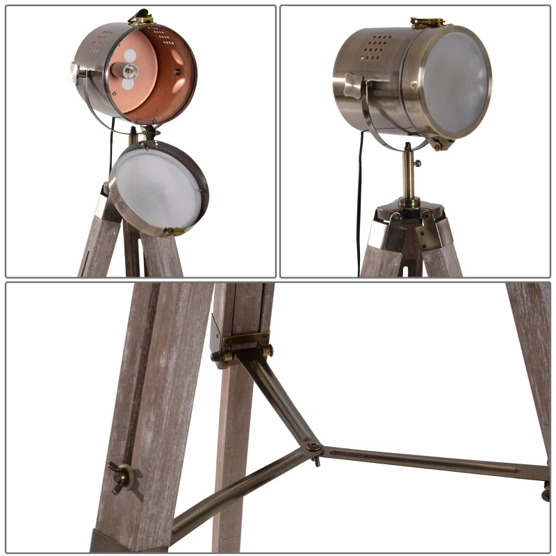 HOMCOM vloerlamp stalamp staande lamp in hoogte verstelbaar 3-poot E14 grenenhout brons