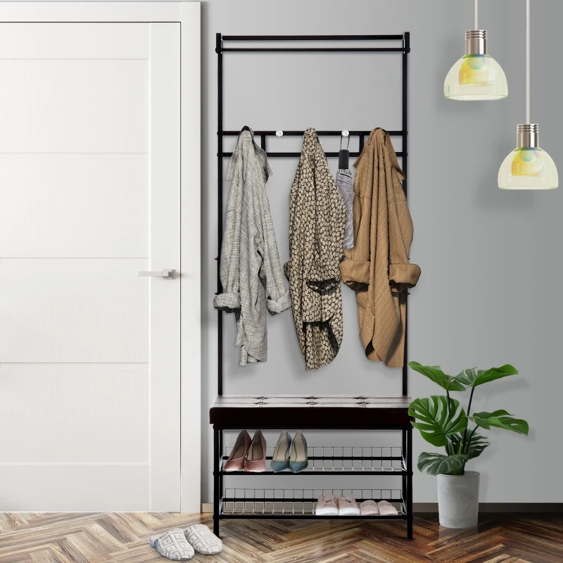 HOMCOM garderobestandaard garderobe kledingrek met zitbank schoenrenrek metaal