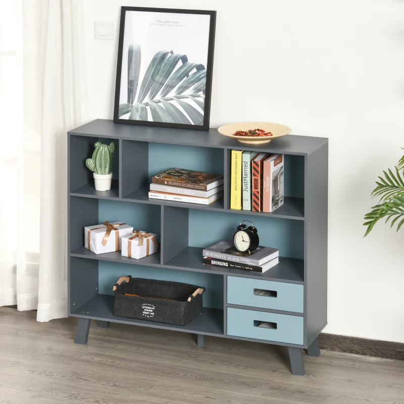 HOMCOM Boekenplank vrijstaande stelling opbergplank boekenkast met 2 schuiflades MDF blauw