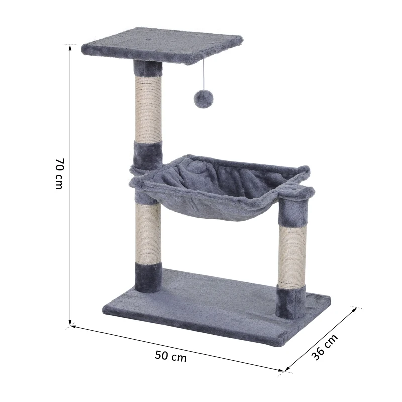 PawHut Kattenboom 3 verdiepingen krabpaal kattenbed met hangmat sisal paal pluche grijs