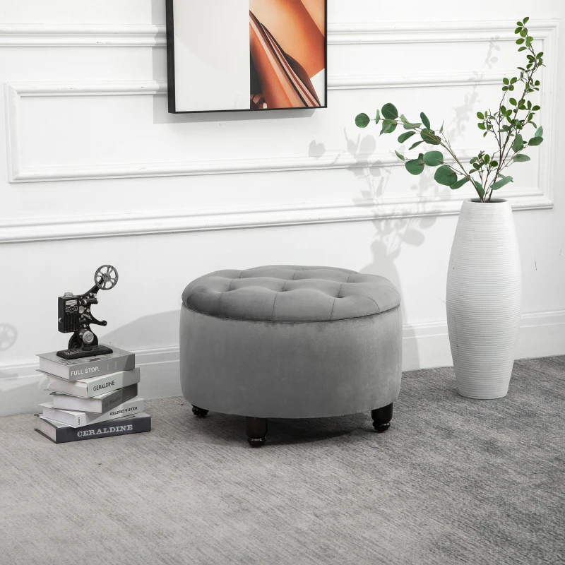 HOMCOM luxe krukje kruk met opbergruimte gestoffeerde kruk polyester hout donkergrijs