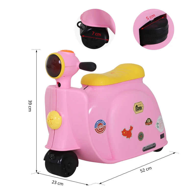 Kinderkoffer motorfiets kinderbagage handbagage met riem om te zitten wielen roze