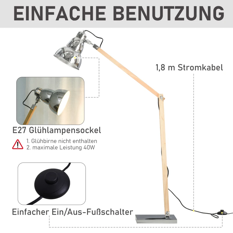 HOMCOM Vloerlamp in hoogte verstelbare vloerlamp verstelbare kap E27 massief hout