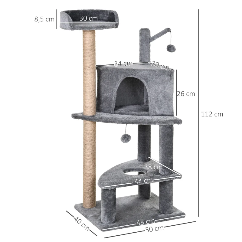 PawHut Krabpaal met speelballen kattenkrabpaal kattenhuis jute paal, grijs