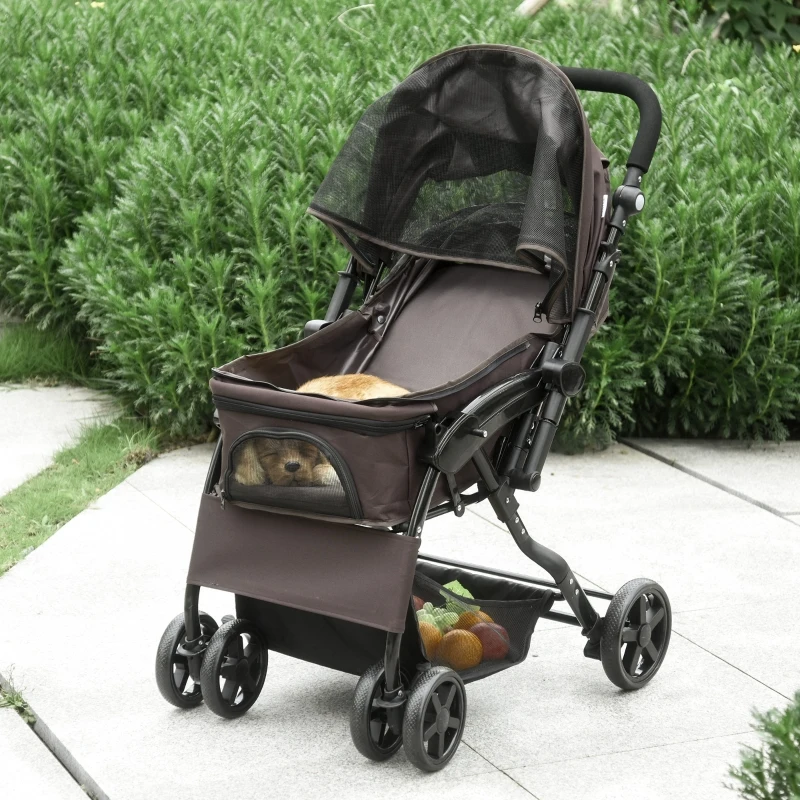 PawHut Hondenwagen hondenbuggy kattenbuggy met vier wielen opvouwbaar honden oxford bruin
