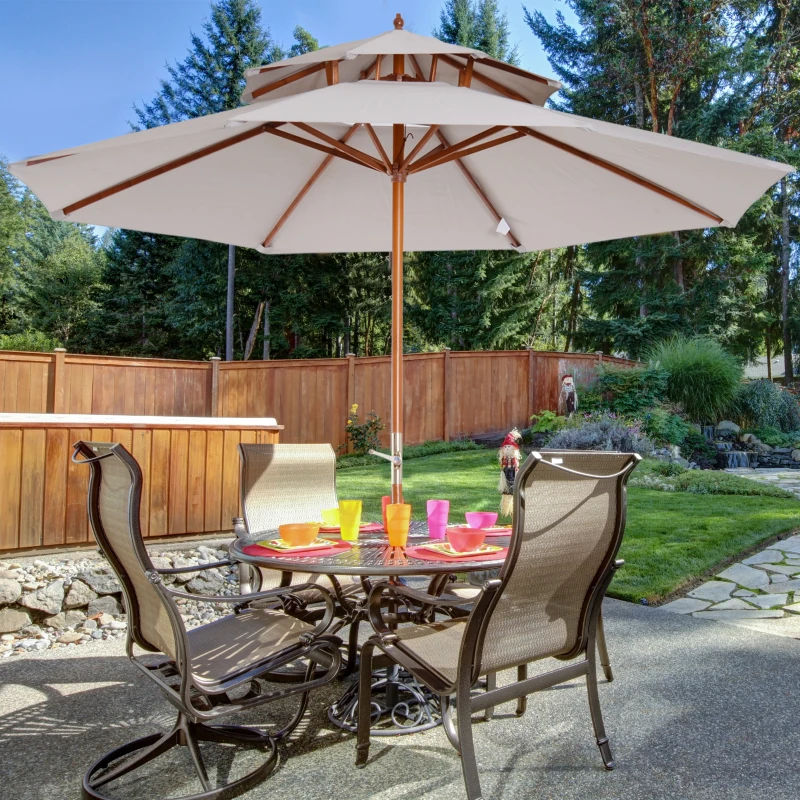 Houten zonnescherm 265 x 264 m marktparasol tuinparasol dubbel dak grijs