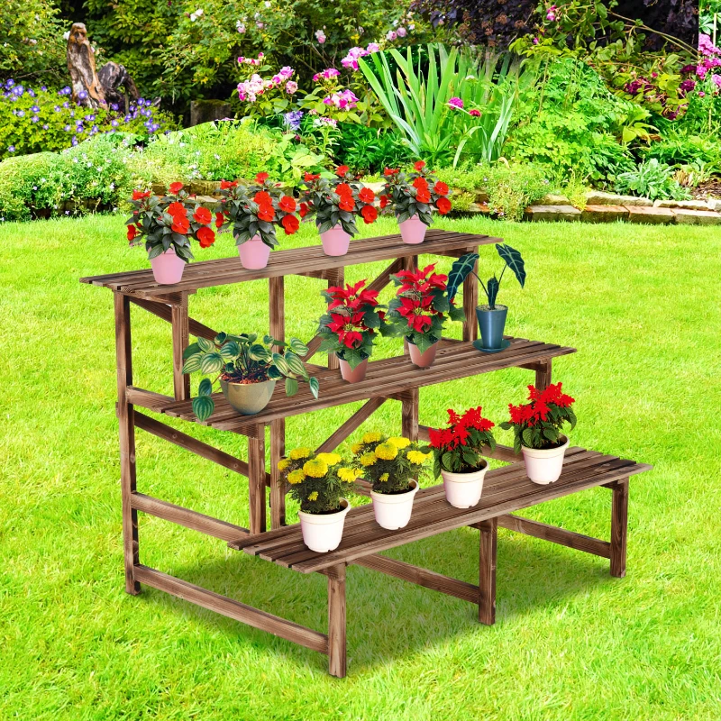 Plantenetagere bloementrap plantenrek bloemenbank standaard 3 trappen vurenhout