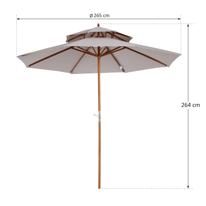Houten zonnescherm 265 x 264 m marktparasol tuinparasol dubbel dak grijs
