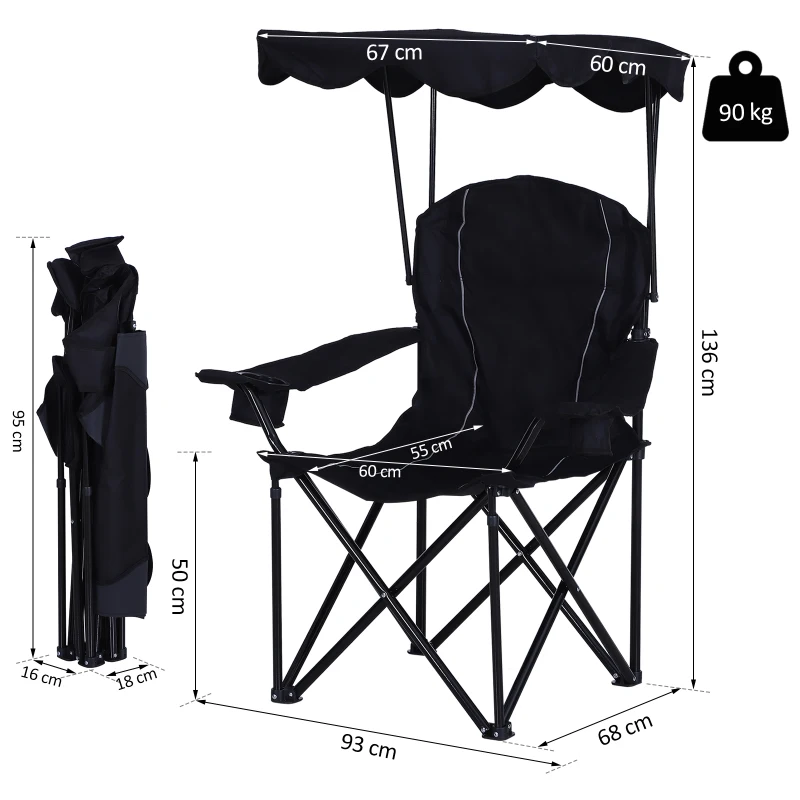 Visstoel klapstoel campingstoel met luifel bekerhouder Oxford zwart
