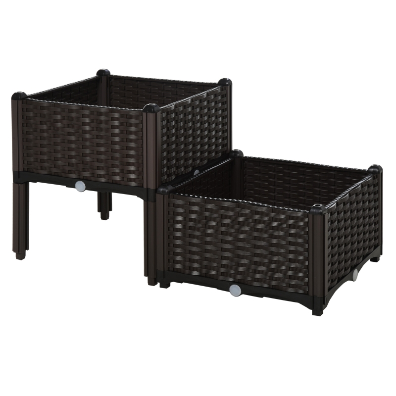 Outsunny verhoogd bed, 2-delige plantenbak met afwateringsgaten, bloembak in rotan-look, PP, bruin