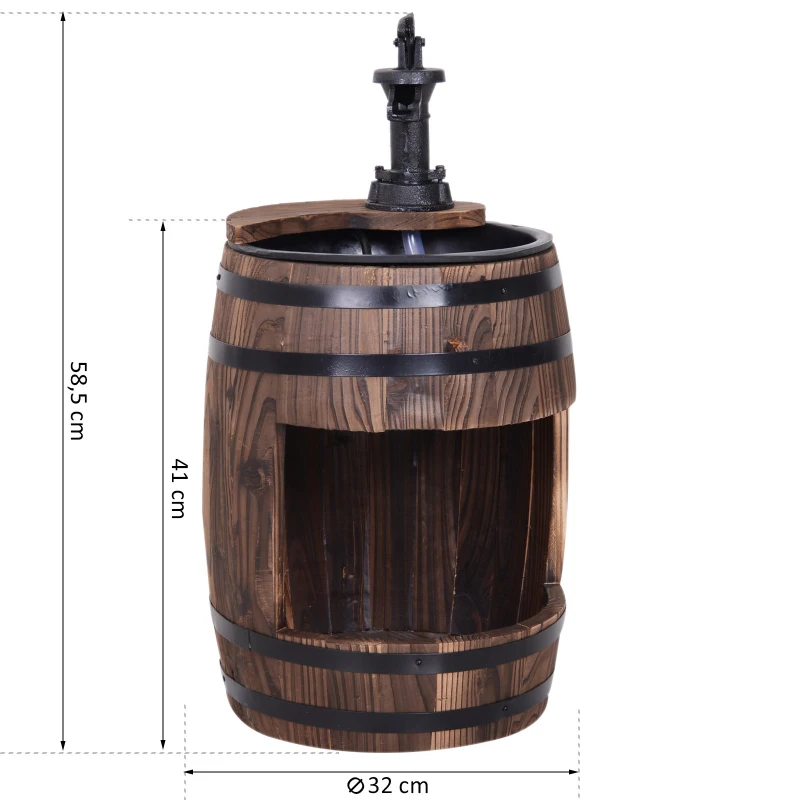 Outsunny® tuinfontein sierfontein fontein vatfontein waterval houten vat met plantenbak vurenhout + metaal donkerbruin ∅32 x 58,5 cm | Aosom.nl