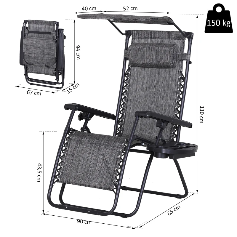 Zero Gravity ligbed zonnedak inklapbare ligbank voor buiten hoofdkussen textilene grijs