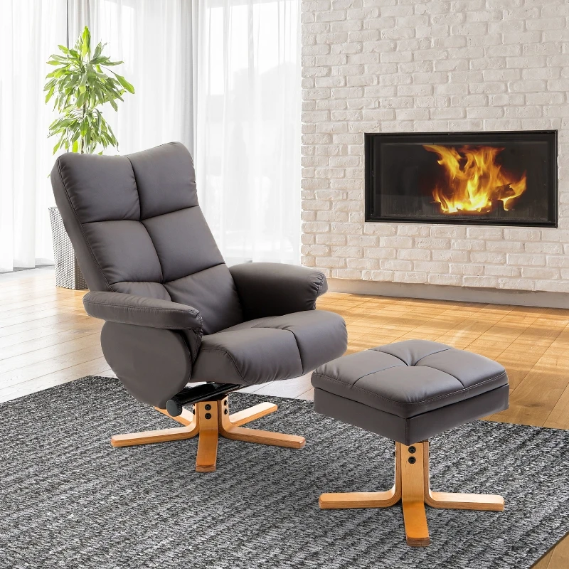 HOMCOM Relaxstoel met kruk tv-stoel 360° draaibaar ligfunctie hout bruin(m-11)