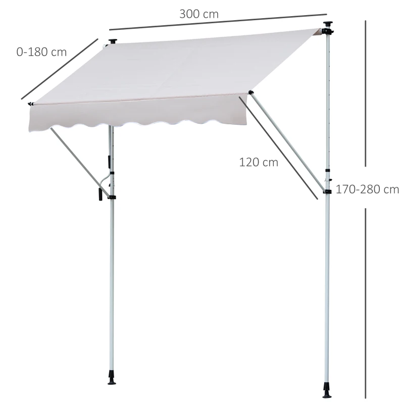Outsunny Luifel opklaparm klem luifel zonwering handslinger balkon aluminium 3 x 1,2 m creme