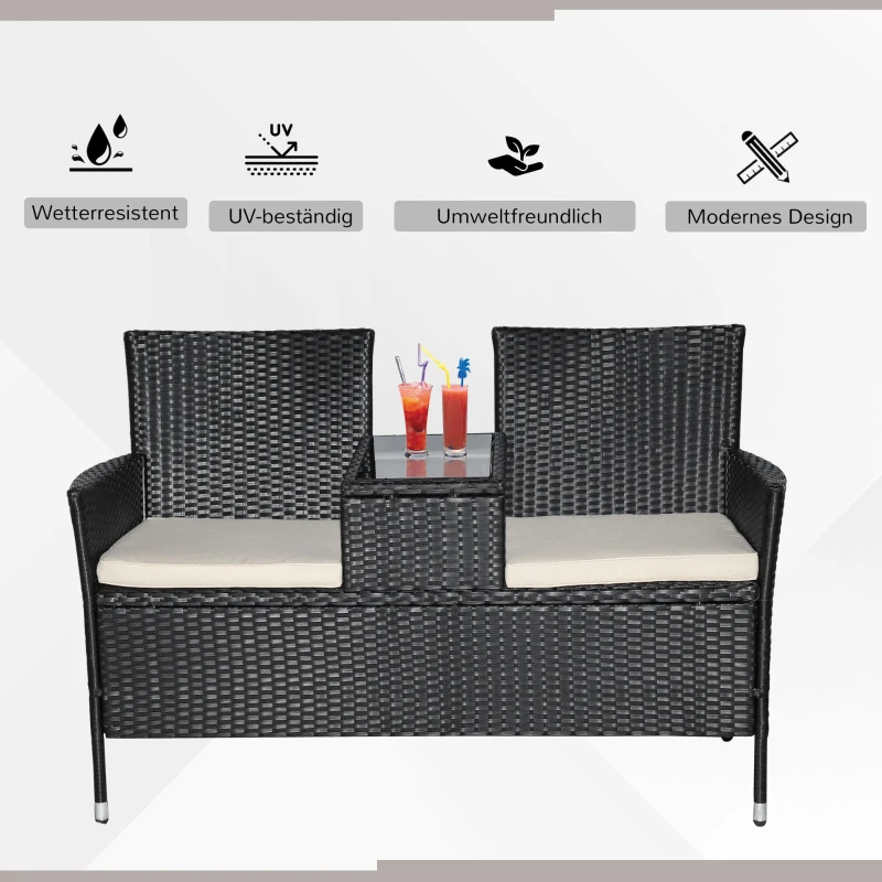 Poly-rotan tuinbank met tafel tuinbank bank 2-zits staal zwart