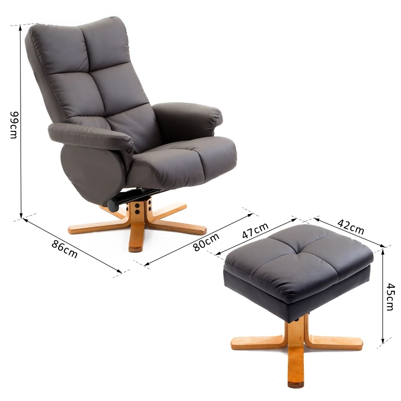 HOMCOM Relaxstoel met kruk tv-stoel 360° draaibaar ligfunctie hout bruin(m-3)