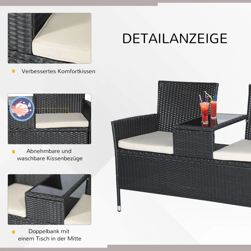 Poly-rotan tuinbank met tafel tuinbank bank 2-zits staal zwart