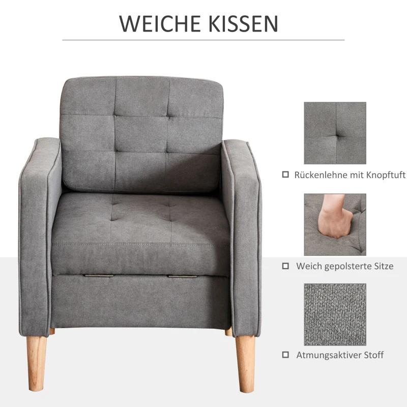 HOMCOM Eenpersoonsstoel relaxstoel met opbergruimte gestoffeerde stoel bank houten poten polyester