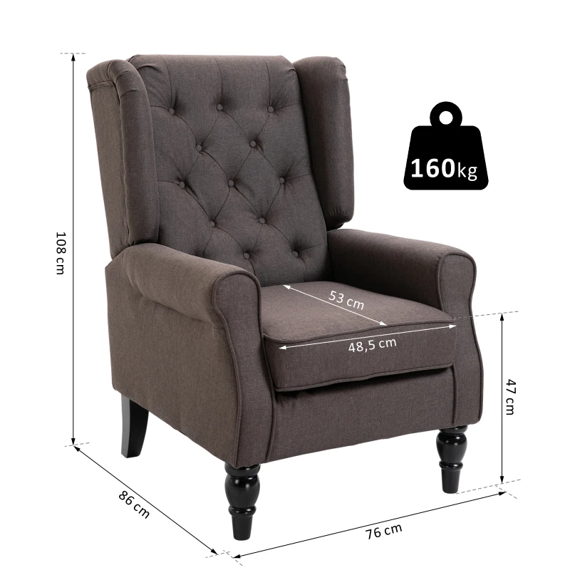 HOMCOM Elegante Oorfauteuil, Dik Gepolsterd, Afneembare Hoes, 74 x 86 x 102 cm, bruin(m-3)