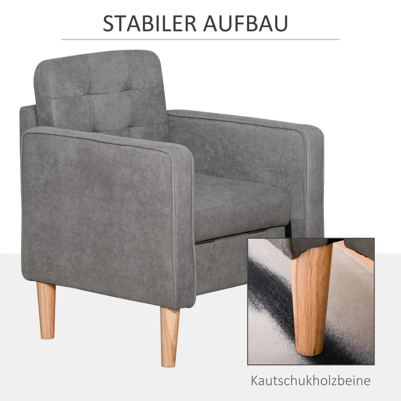 HOMCOM Eenpersoonsstoel relaxstoel met opbergruimte gestoffeerde stoel bank houten poten polyester