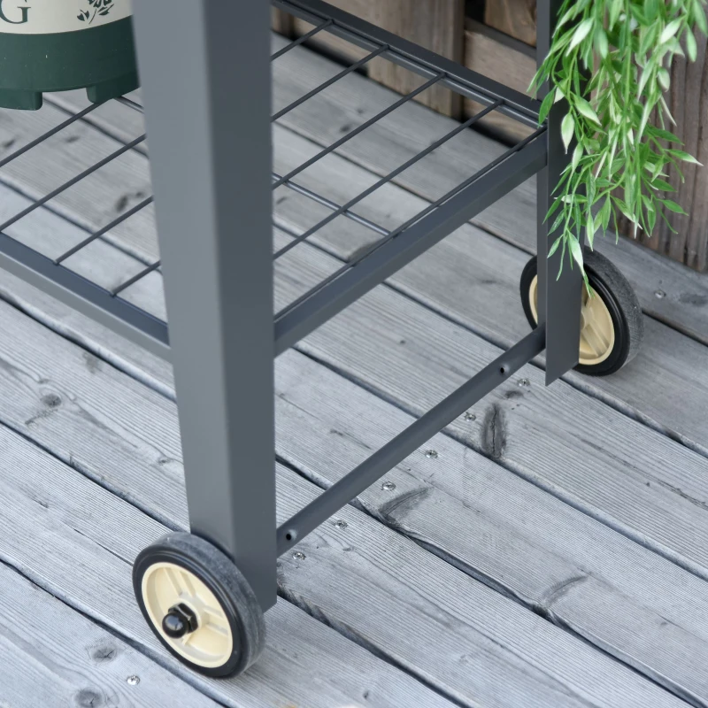 Verhoogd bed met wielen en plank kruidenbed plantenbed metaal kunststof grijs