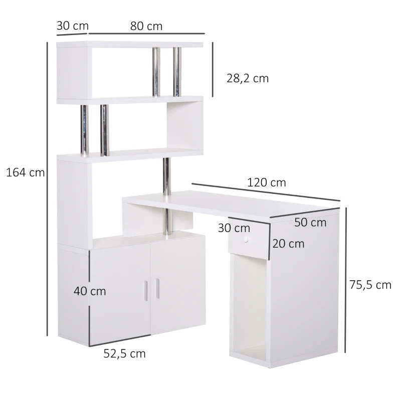 HOMCOM L-vormig / I-vormig bureau, computerbureau, hoekbureau, roestvrij staal, wit