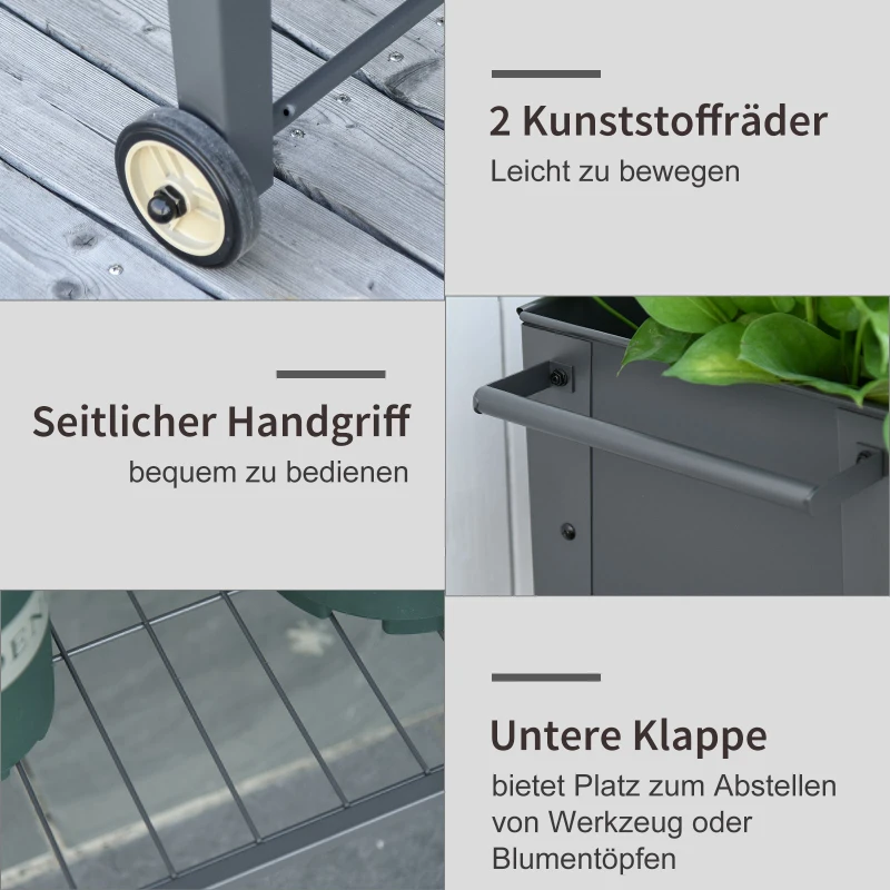 Verhoogd bed met wielen en plank kruidenbed plantenbed metaal kunststof grijs
