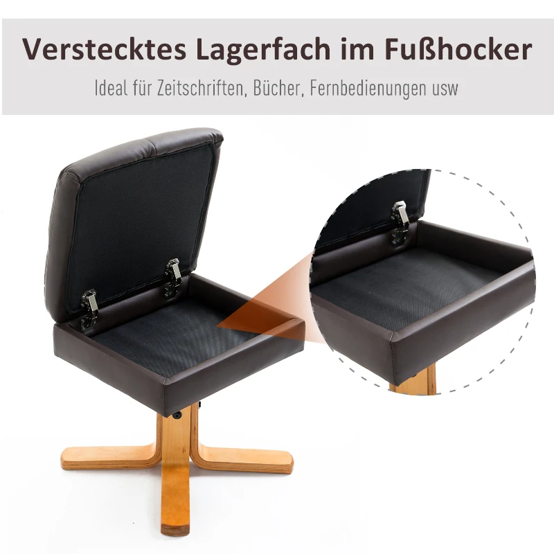 HOMCOM Relaxstoel met kruk tv-stoel 360° draaibaar ligfunctie hout bruin(m-5)
